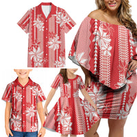 Hawaii Kakau Tribal Family Matching Off Shoulder Short Dress and Hawaiian Shirt With Red Tiare LT05 - Polynesian Pride