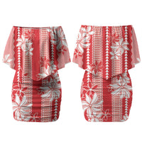 Hawaii Kakau Tribal Family Matching Off Shoulder Short Dress and Hawaiian Shirt With Red Tiare LT05 Mom's Dress Red - Polynesian Pride