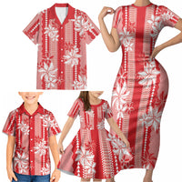 Hawaii Kakau Tribal Family Matching Short Sleeve Bodycon Dress and Hawaiian Shirt With Red Tiare LT05 - Polynesian Pride