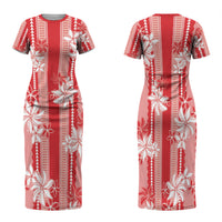 Hawaii Kakau Tribal Family Matching Short Sleeve Bodycon Dress and Hawaiian Shirt With Red Tiare LT05 Mom's Dress Red - Polynesian Pride