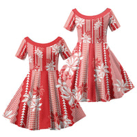 Hawaii Kakau Tribal Family Matching Short Sleeve Bodycon Dress and Hawaiian Shirt With Red Tiare LT05 Daughter's Dress Red - Polynesian Pride