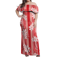 Hawaii Kakau Tribal Off Shoulder Maxi Dress With Red Tiare