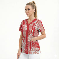 Hawaii Kakau Tribal Scrub Top With Red Tiare
