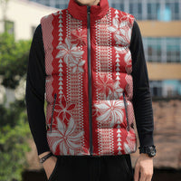 Hawaii Kakau Tribal Sleeveless Puffer Jacket With Red Tiare