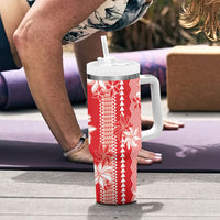 Hawaii Kakau Tribal Tumbler With Handle With Red Tiare