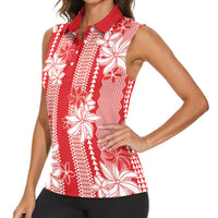 Hawaii Kakau Tribal Women Sleeveless Polo Shirt With Red Tiare