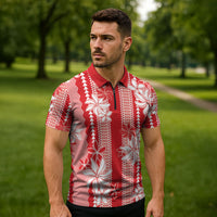 Hawaii Kakau Tribal Zipper Polo Shirt With Red Tiare