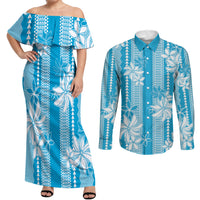Hawaii Kakau Tribal Couples Matching Off Shoulder Maxi Dress and Long Sleeve Button Shirt With Blue Tiare LT05 Blue - Polynesian Pride