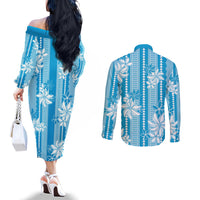 Hawaii Kakau Tribal Couples Matching Off The Shoulder Long Sleeve Dress and Long Sleeve Button Shirt With Blue Tiare