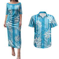 Hawaii Kakau Tribal Couples Matching Puletasi and Hawaiian Shirt With Blue Tiare LT05 Blue - Polynesian Pride