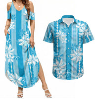 Hawaii Kakau Tribal Couples Matching Summer Maxi Dress and Hawaiian Shirt With Blue Tiare LT05 Blue - Polynesian Pride