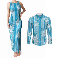 Hawaii Kakau Tribal Couples Matching Tank Maxi Dress and Long Sleeve Button Shirt With Blue Tiare LT05 Blue - Polynesian Pride