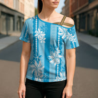 Hawaii Kakau Tribal Cross Shoulder Shirt With Blue Tiare