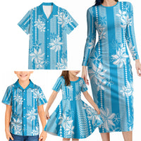 Hawaii Kakau Tribal Family Matching Long Sleeve Bodycon Dress and Hawaiian Shirt With Blue Tiare LT05 - Polynesian Pride