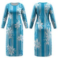 Hawaii Kakau Tribal Family Matching Long Sleeve Bodycon Dress and Hawaiian Shirt With Blue Tiare LT05 Mom's Dress Blue - Polynesian Pride