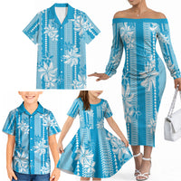 Hawaii Kakau Tribal Family Matching Off The Shoulder Long Sleeve Dress and Hawaiian Shirt With Blue Tiare LT05 - Polynesian Pride