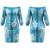 Hawaii Kakau Tribal Family Matching Off The Shoulder Long Sleeve Dress and Hawaiian Shirt With Blue Tiare LT05 Mom's Dress Blue - Polynesian Pride