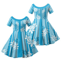 Hawaii Kakau Tribal Family Matching Off The Shoulder Long Sleeve Dress and Hawaiian Shirt With Blue Tiare LT05 Daughter's Dress Blue - Polynesian Pride