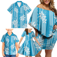 Hawaii Kakau Tribal Family Matching Off Shoulder Short Dress and Hawaiian Shirt With Blue Tiare LT05 - Polynesian Pride