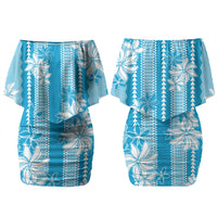 Hawaii Kakau Tribal Family Matching Off Shoulder Short Dress and Hawaiian Shirt With Blue Tiare LT05 Mom's Dress Blue - Polynesian Pride