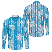Hawaii Kakau Tribal Family Matching Off Shoulder Short Dress and Hawaiian Shirt With Blue Tiare LT05 Dad's Shirt - Long Sleeve Blue - Polynesian Pride