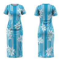 Hawaii Kakau Tribal Family Matching Short Sleeve Bodycon Dress and Hawaiian Shirt With Blue Tiare LT05 Mom's Dress Blue - Polynesian Pride