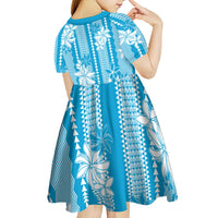 Hawaii Kakau Tribal Kid Short Sleeve Dress With Blue Tiare