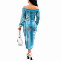 Hawaii Kakau Tribal Off The Shoulder Long Sleeve Dress With Blue Tiare LT05 - Polynesian Pride