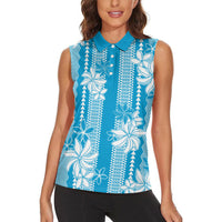 Hawaii Kakau Tribal Women Sleeveless Polo Shirt With Blue Tiare