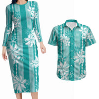 Hawaii Kakau Tribal Couples Matching Long Sleeve Bodycon Dress and Hawaiian Shirt With Teal Tiare LT05 Teal - Polynesian Pride