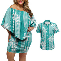 Hawaii Kakau Tribal Couples Matching Off Shoulder Short Dress and Hawaiian Shirt With Teal Tiare LT05 Teal - Polynesian Pride