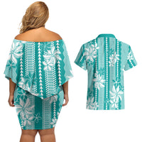Hawaii Kakau Tribal Couples Matching Off Shoulder Short Dress and Hawaiian Shirt With Teal Tiare LT05 - Polynesian Pride