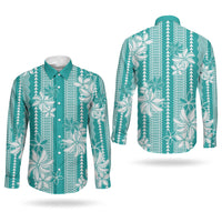 Hawaii Kakau Tribal Couples Matching Off Shoulder Short Dress and Long Sleeve Button Shirt With Teal Tiare LT05 - Polynesian Pride