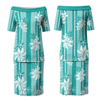 Hawaii Kakau Tribal Couples Matching Puletasi and Hawaiian Shirt With Teal Tiare LT05 - Polynesian Pride