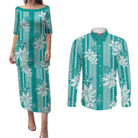 Hawaii Kakau Tribal Couples Matching Puletasi and Long Sleeve Button Shirt With Teal Tiare LT05 Teal - Polynesian Pride