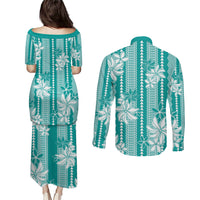 Hawaii Kakau Tribal Couples Matching Puletasi and Long Sleeve Button Shirt With Teal Tiare LT05 - Polynesian Pride