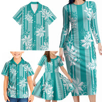 Hawaii Kakau Tribal Family Matching Long Sleeve Bodycon Dress and Hawaiian Shirt With Teal Tiare LT05 - Polynesian Pride