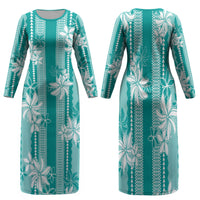 Hawaii Kakau Tribal Family Matching Long Sleeve Bodycon Dress and Hawaiian Shirt With Teal Tiare LT05 Mom's Dress Teal - Polynesian Pride