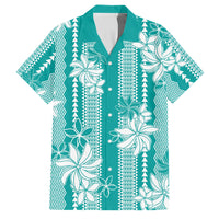 Hawaii Kakau Tribal Family Matching Long Sleeve Bodycon Dress and Hawaiian Shirt With Teal Tiare