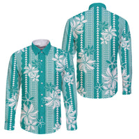 Hawaii Kakau Tribal Family Matching Long Sleeve Bodycon Dress and Hawaiian Shirt With Teal Tiare LT05 Dad's Shirt - Long Sleeve Teal - Polynesian Pride