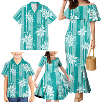 Hawaii Kakau Tribal Family Matching Mermaid Dress and Hawaiian Shirt With Teal Tiare