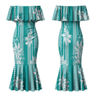Hawaii Kakau Tribal Family Matching Mermaid Dress and Hawaiian Shirt With Teal Tiare LT05 Mom's Dress Teal - Polynesian Pride