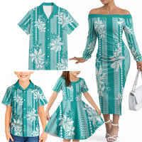 Hawaii Kakau Tribal Family Matching Off The Shoulder Long Sleeve Dress and Hawaiian Shirt With Teal Tiare LT05 - Polynesian Pride