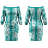 Hawaii Kakau Tribal Family Matching Off The Shoulder Long Sleeve Dress and Hawaiian Shirt With Teal Tiare LT05 Mom's Dress Teal - Polynesian Pride