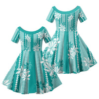 Hawaii Kakau Tribal Family Matching Off The Shoulder Long Sleeve Dress and Hawaiian Shirt With Teal Tiare LT05 Daughter's Dress Teal - Polynesian Pride