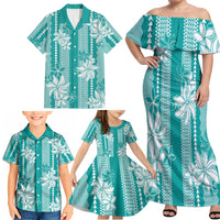 Hawaii Kakau Tribal Family Matching Off Shoulder Maxi Dress and Hawaiian Shirt With Teal Tiare LT05 - Polynesian Pride