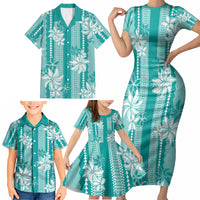 Hawaii Kakau Tribal Family Matching Short Sleeve Bodycon Dress and Hawaiian Shirt With Teal Tiare LT05 - Polynesian Pride