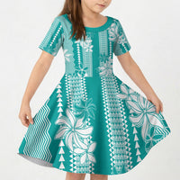 Hawaii Kakau Tribal Kid Short Sleeve Dress With Teal Tiare LT05 KID Teal - Polynesian Pride