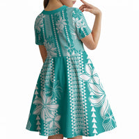Hawaii Kakau Tribal Kid Short Sleeve Dress With Teal Tiare LT05 - Polynesian Pride