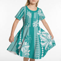 Hawaii Kakau Tribal Kid Short Sleeve Dress With Teal Tiare LT05 - Polynesian Pride